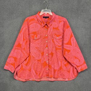 Tommy Hilfiger Blouse Womens 2X Plus‎ Orange Paisley Button Front Long Sleeve